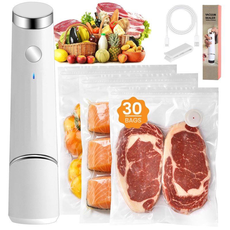 Compact Vacuum Sealer for Food (Portable Vacuum Sealer Machine+30 Reusable Bags) Compact Handheld Food Saver for Meat, Camping & RV Travel,Seal Food 6X Fresh Longer, Portable & Wireless, Easy-Clean