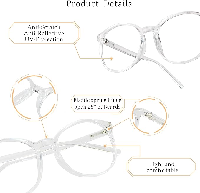 LifeArt Round Blue Light Blocking Glasses, Computer Glasses, Gaming Glasses, TV Glasses for Women Men (Clear, 2.75 Magnification)