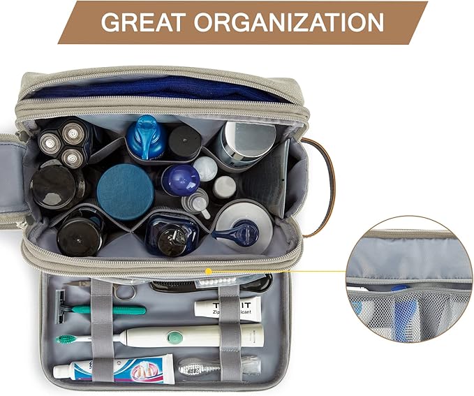 BAGSMART Toiletry Bag for Men, Canvas Travel Toiletry Organizer Dopp Kit Water-resistant Shaving Bag for Toiletries Accessories,Beige-Large
