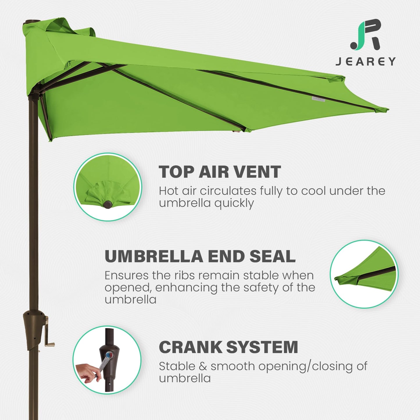JEAREY 9ft Half Umbrella Outdoor Patio Umbrella Market Umbrellas with Crank, 1/2 Round Wall Umbrella 5 Sturdy Ribs UV Protection for Pool Garden Balcony Deck, Grass Green