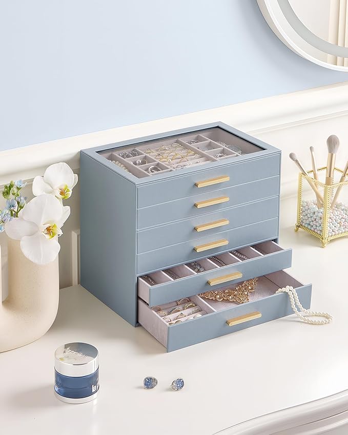 Lolalet Jewelry Box Organizer, 6-Layer Jewelry Organizers and Storage Case with Glass Lid, Ring Earring Bracelet Necklace Holder Organizer, Birthday Valentine Gifts for Women Girls -6Layer, HazeBlue