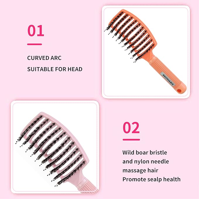 3 Pack Vented Quick Drying Massage Blow Detangler Brush,Boar Bristle Hair Brush Set-Curved,Detangling Hair Brush for Women Long,Thick, Thin, Curly(Green)