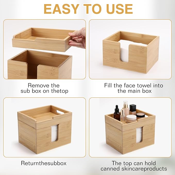 Bamboo Face Towel Holder with 120 XL Towels - Open-Top Skincare Organizer for Facial Cleansing Wipes & Beauty Essentials - Bathroom Countertop Vanity Organizer