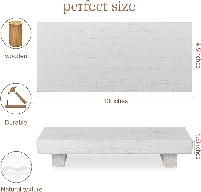 zoocatia Small Wood Tray Pedestal Stand Farmhouse Bathroom Decor Decorative Wooden Riser Kitchen Soap Dish Holder for Vanity, Counter, Sink, 10" x 4.5" - White