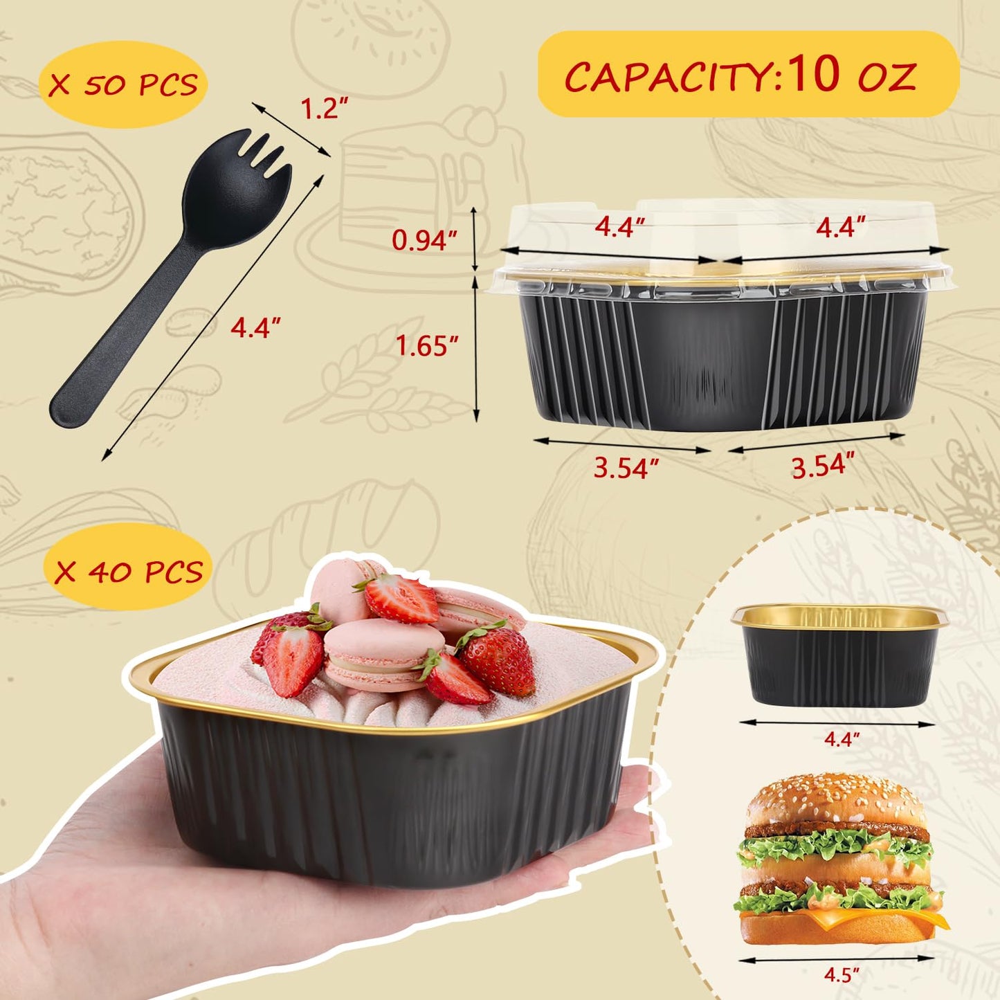 LNYZQUS 10oz Mini Cake Pans With Lids 40 Pack, Aluminum Foil Square Cupcake Liners Brownie Baking Cups,Disposable 4”x4” Large Cupcake Pan,Jumbo Muffin Tin Ramekins Holders-Black In Gold