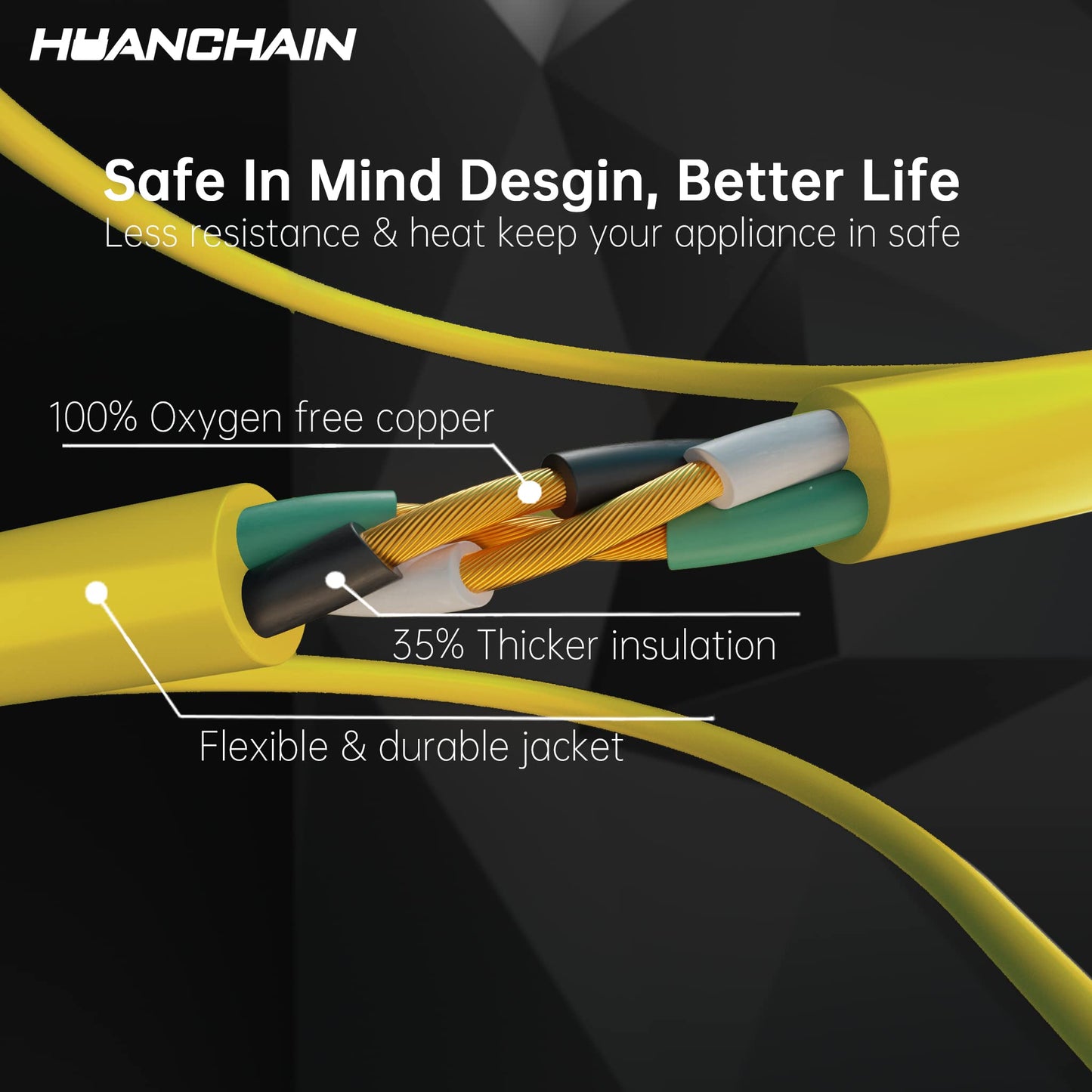 HUANCHAIN Indoor Outdoor Extension Cord 50 ft Waterproof, 16/3 Gauge Flexible Resistant Appliance Extension Cord Outside, 13A 1625W 16AWG SJTW, 3 Prong Electric Cable Yellow, ETL