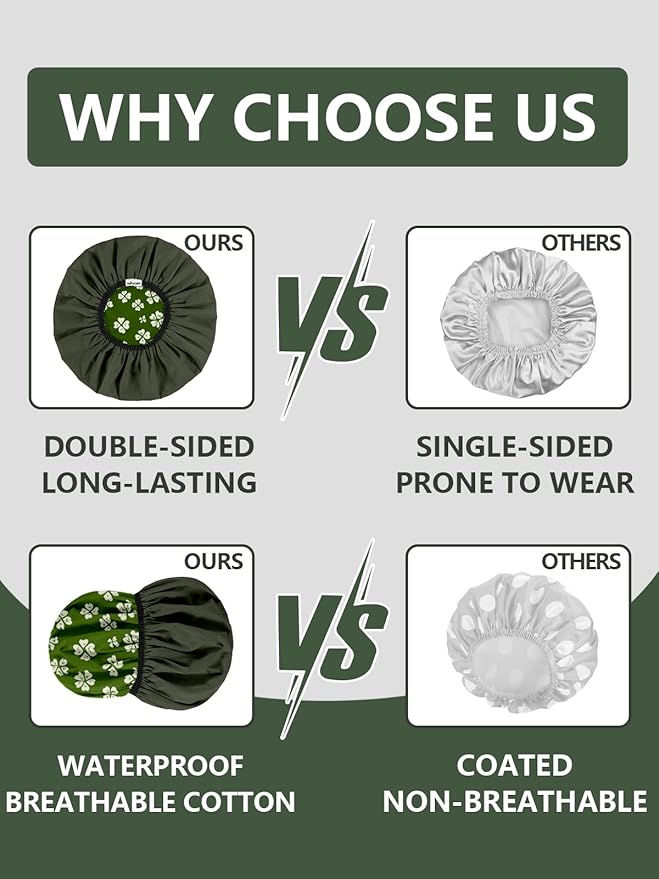 Years calm Shower Caps for Women Reusable Waterproof, Double Layer Waterproof Fabric - Both Sides Usable, Reversible Pattern & Solid Color Design, Soft Elastic Keeps Hair Dry for shower Spa Travel