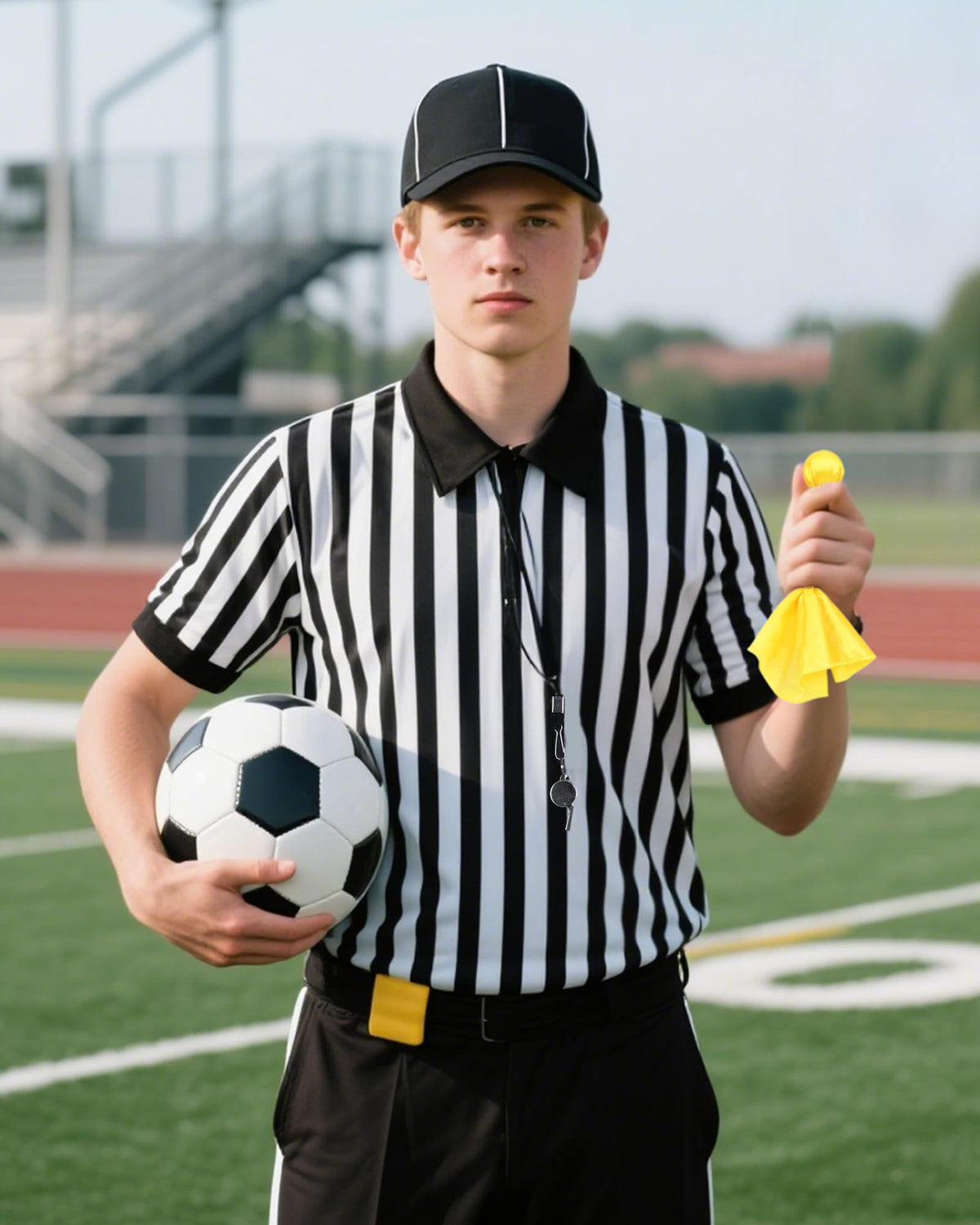 Vivrerizo Referee Shirt Costume Set - 4 Pcs Black and White Striped Ref Jersey Yellow Penalty Flag and Whistle for Halloween Umpire Football Soccer Costume Cosplay