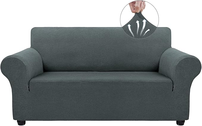 Asnomy Sofa Covers for 2 Cushion Couch Stretch loveseat Covers Slipcovers, Pet Protector Furniture Covers for Dogs Cats Spandex Jacquard Fabric Small Checks （Medium，Gray）