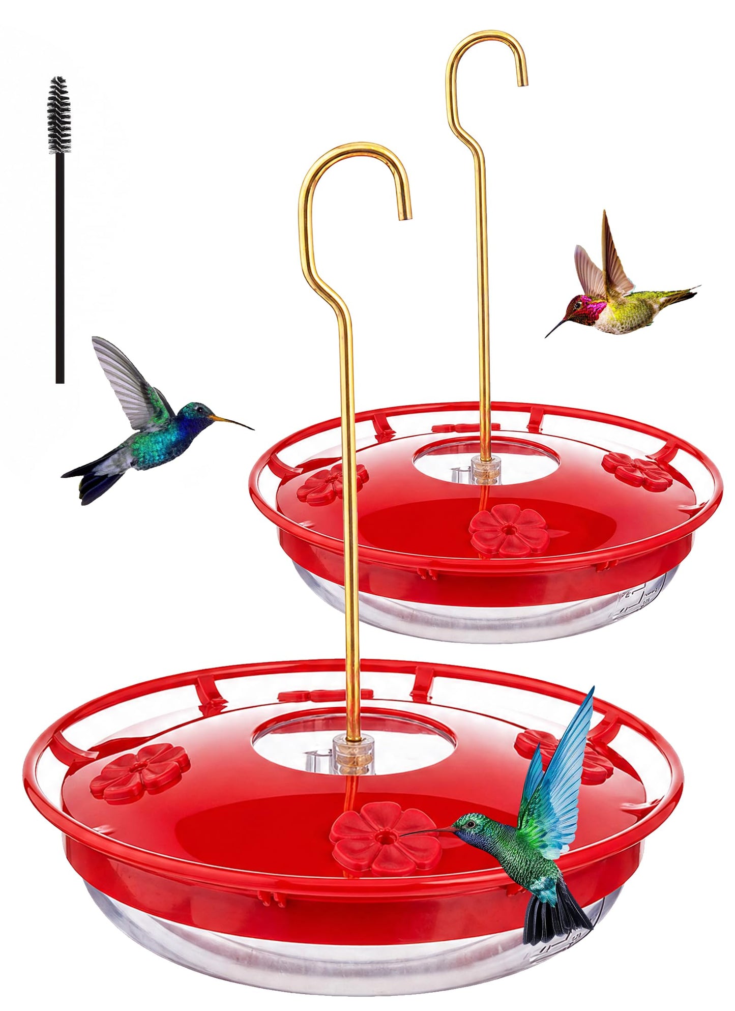FEED GARDEN Hummingbird Feeders for Outdoors, 2 Pack 16oz Leak-Proof Dish-Style Feeder with Built-in Scale,Ant Moat, 5 Feeding Ports, Wide Mouth Easy Clean, BPA-Free Plastic for Garden Patio Backyard
