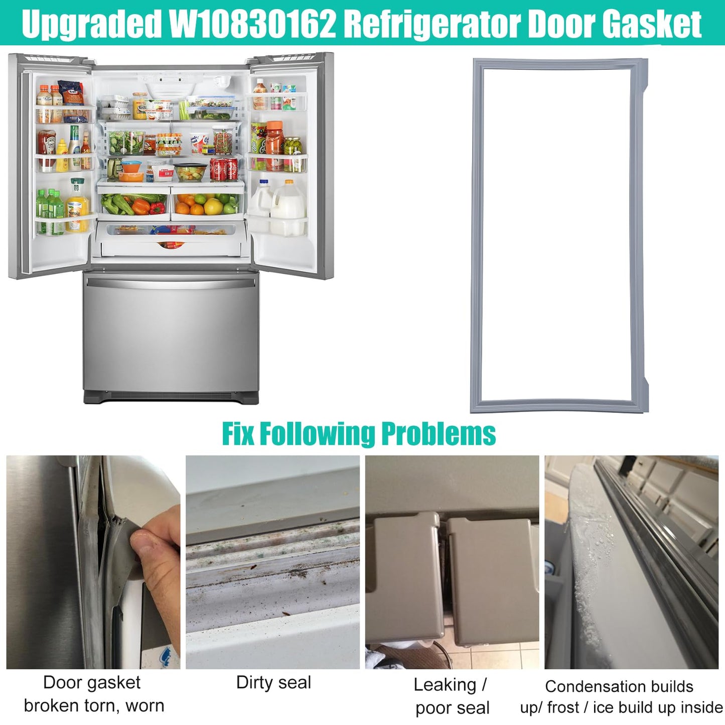 Upgraded W10830162 Refrigerator Door Gasket Replacement Compatible with Whirlpool Kenmore KitchenAid Refrigerator, 39.7"x 16.93" Freezer Door Gasket Refrigerator Door Seal Part 12723206AP, W10179332