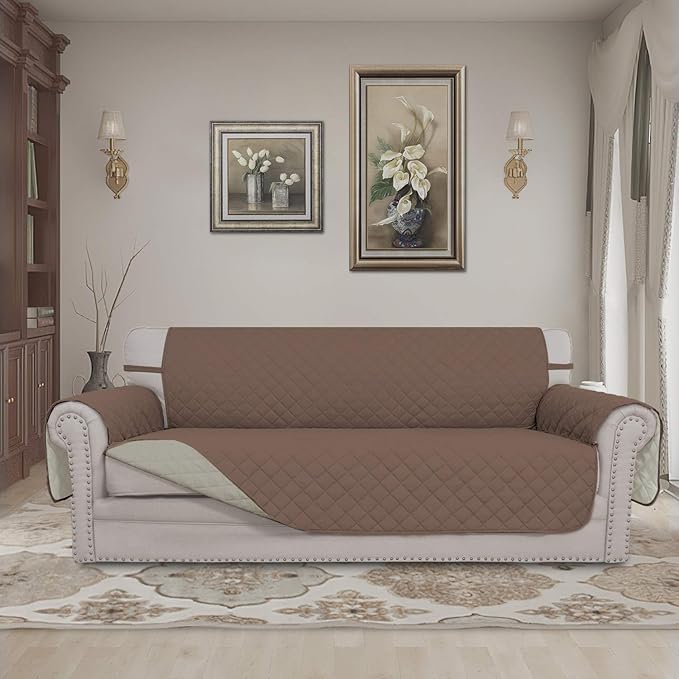 Easy-Going Reversible Oversized Couch Cover for 3 Cushion Couch Sofa Cover for Dogs Water Resistant Furniture Protector Cover with Foam Sticks for Pet (Oversized Sofa, Brown/Beige)