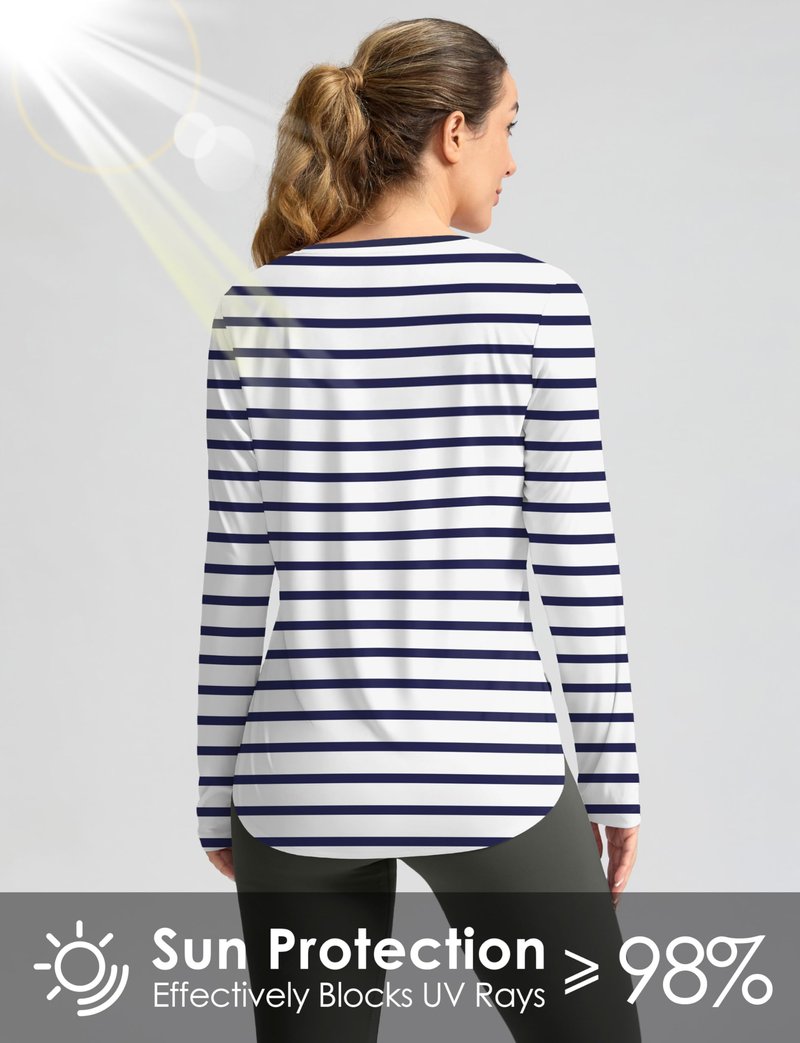 Women's Sun Shirts UPF 50+ Long Sleeve UV Protection Shirt Lightweight Quick Dry Workout Hiking Tops for Women(White/Deep Sea Stripe,XS)