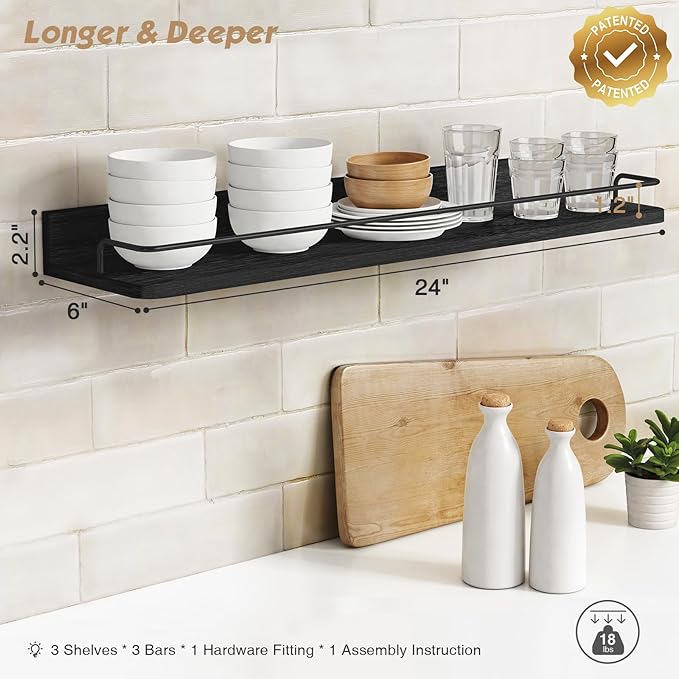 Forbena 24 Inch Wall Shelves for Bedroom 3-Pack, Black Floating Shelves with Rail, Vintage Large Floating Book Shelves for Bathroom Kitchen Living Room Office Decor Kids Room Legos Display (Black)