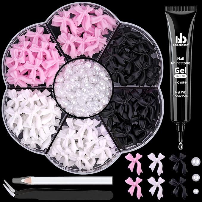 120 Pcs 3D Nail Bow Charms + 2-4mm Nail Pearls Set 10, Pink White Black Bow Nail Charms and White Flatback Pearls with Nail Charm Glue Gel(UV Needed) and Pickup Tools for Nail Art Decoration