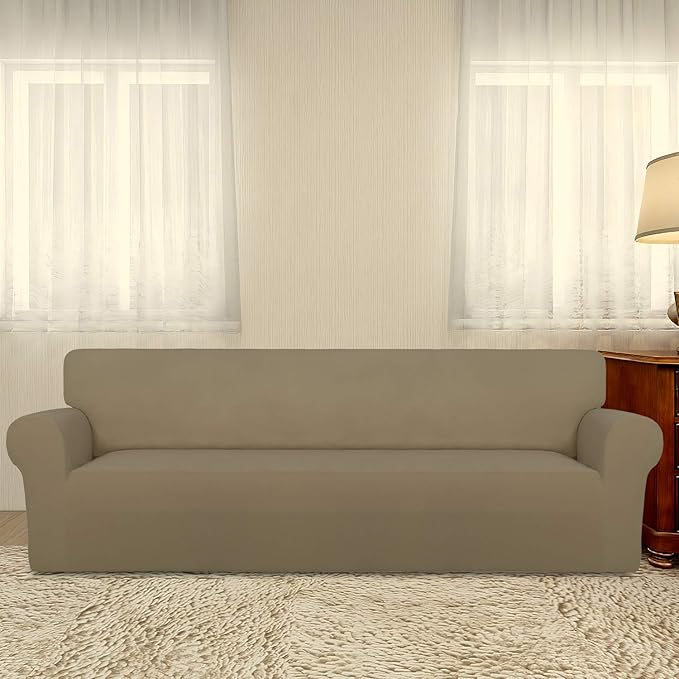 PureFit Super Stretch 4 Seater Sofa Slipcover – Spandex Non Slip Soft Couch Sofa Cover, Washable Furniture Protector with Non Skid Foam and Elastic Bottom for Kids, Pets （XX Large, Tan）