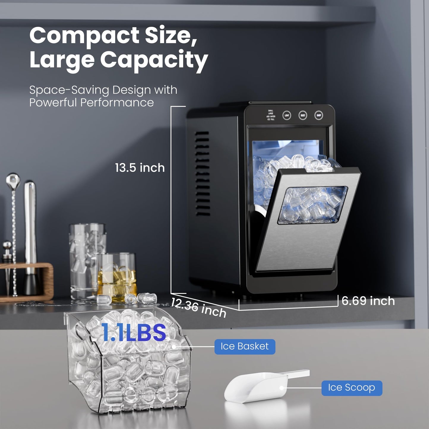 Electactic Ice Makers Countertop,26Lbs/24H,8Pcs in 6Mins,Portable Ice Maker Machine with Self-Cleaning,Interior Lighting,2 Sizes of Bullet Ice for Home/Office/Party(Stainless Steel)