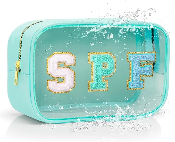 Clear Waterproof Makeup Bag, Cute Sunscreen Bag Pouch with Letter Patches, Travel Beach Pool Bag,Personalized Travel Toiletry Cosmetic Bags Gifts For Girl Women Mom Teacher Nurse (Blue-SPF)