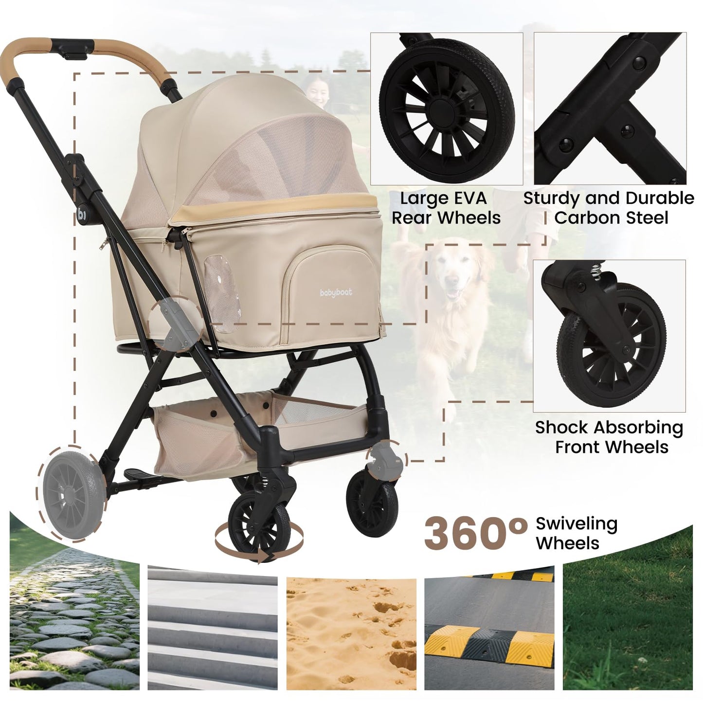 Foldable Dog Stroller Portable Compact Pet Stroller for Small Medium Dogs Cats Up to 35lbs One Click Folding Large Cat Carriage with Adjustable Canopy, Storage Basket - Khaki