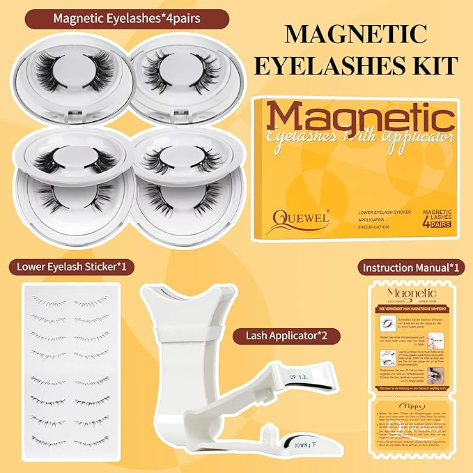 QUEWEL Magnetic Eyelashes 4 Pair Reusable Magnetic Eyelashes with Applicator No Glue Needed Eyelashes Natural Look Lash Clusters Kit Easy to Wear and Remove(4 Pairs-B08)