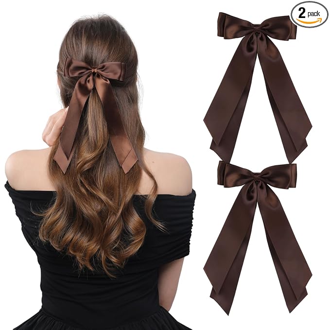 LuSeren 2 PCS Double Layer Hair Bows Brown Hair Ribbon Clips Ponytail Holder Accessories for Women Girls Toddlers Teens Kids