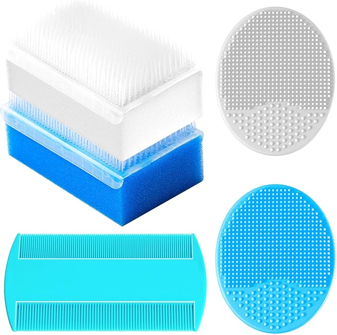 Cradle Cap Brush for Babies, Baby Bath Essentials with Silicone Scrubber Bath Sponge Dual-Sided Comb for Newborns Toddlers Boys Girls (Blue,Set of 5)