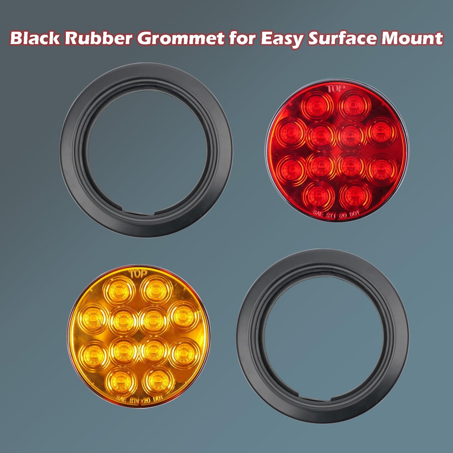 fouwick LED Trailer Lights Kit, 12V Submersible Tail Marker Lights with Wiring Lamp Harness for Boat Car Truck RV Utility Snowmobile Turn Signal License Plate Stop Reverse, 4 Inch Round Amber