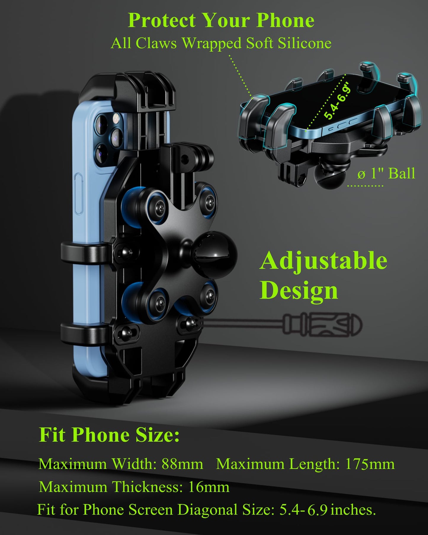 BRCOVAN Motorcycle Phone Mount Holder with Vibration Dampener, Anti-Shake Handlebar Cellphone Cradle for Bike Bicycle Scooter ATV, Adjustable Fit 5.4-6.9'' Smartphone