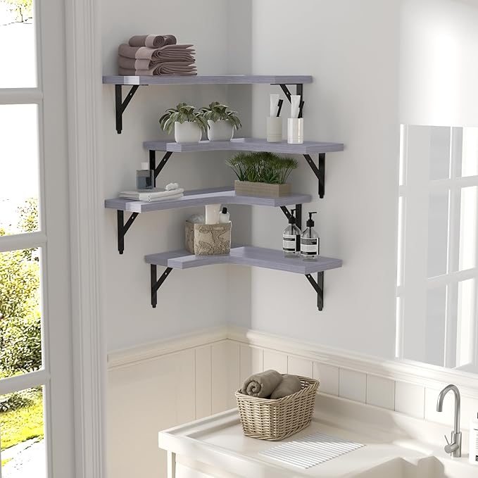 ROMGUAR CRAFT Corner Floating Shelves Wall Mounted Set of 4, Rustic Wood Storage Display Shelves for Home Decor, Bathroom, Kitchen, Bedroom, Living Room, Office (Light Grey)