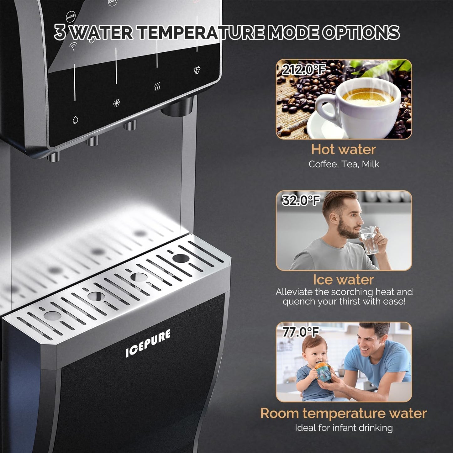 ICEPURE Water Dispenser with Ice Maker, 3-in-1 Hot and Cold Water Cooler with Built-in Bullet Ice Maker Machine, 26.5lbs/24H, Top Loading for 3-5 Gallon Bottle, Child Safety Lock, Bark Grey