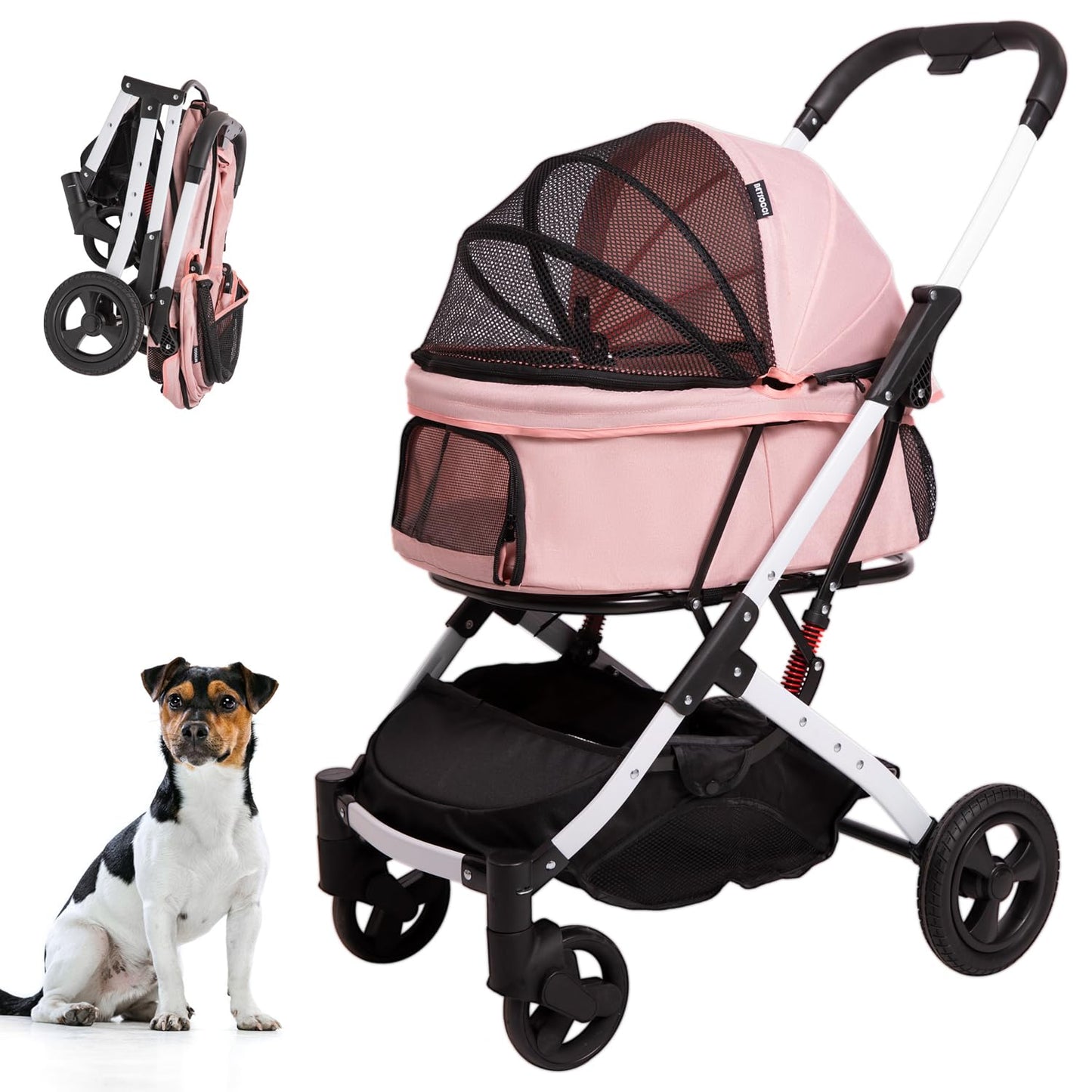 BETSOCCI Pet Stroller for Medium Small Dog & Cat, Foldable Lightweight Dog Stroller with Storage Basket Pet Travel Carriage with Safety Leashes, 4 Wheel, Pink