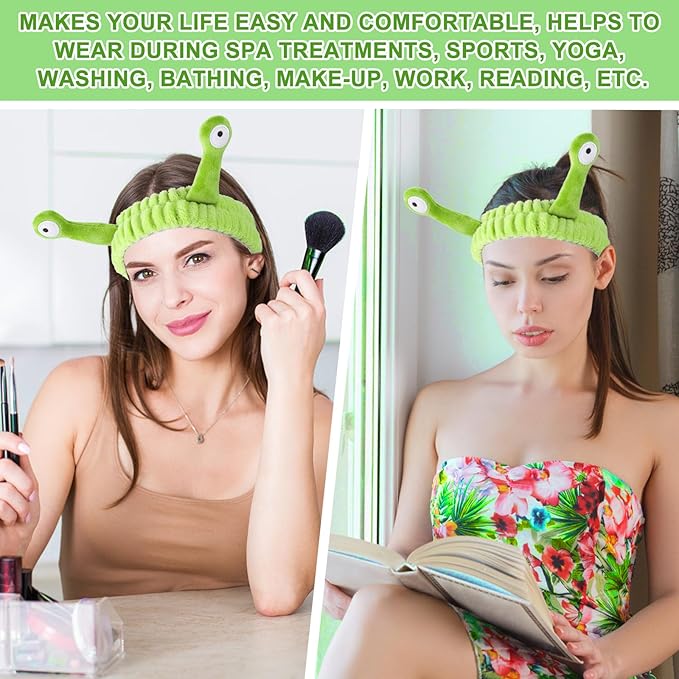 Face Wash Headband, Palm and Snail Spa Hair Bands Makeup Headbands Women Cartoon Cute Coral Fleece Elastic Headband Creative Hair Accessories for Washing Face Shower Sports (Fluorescent Green)