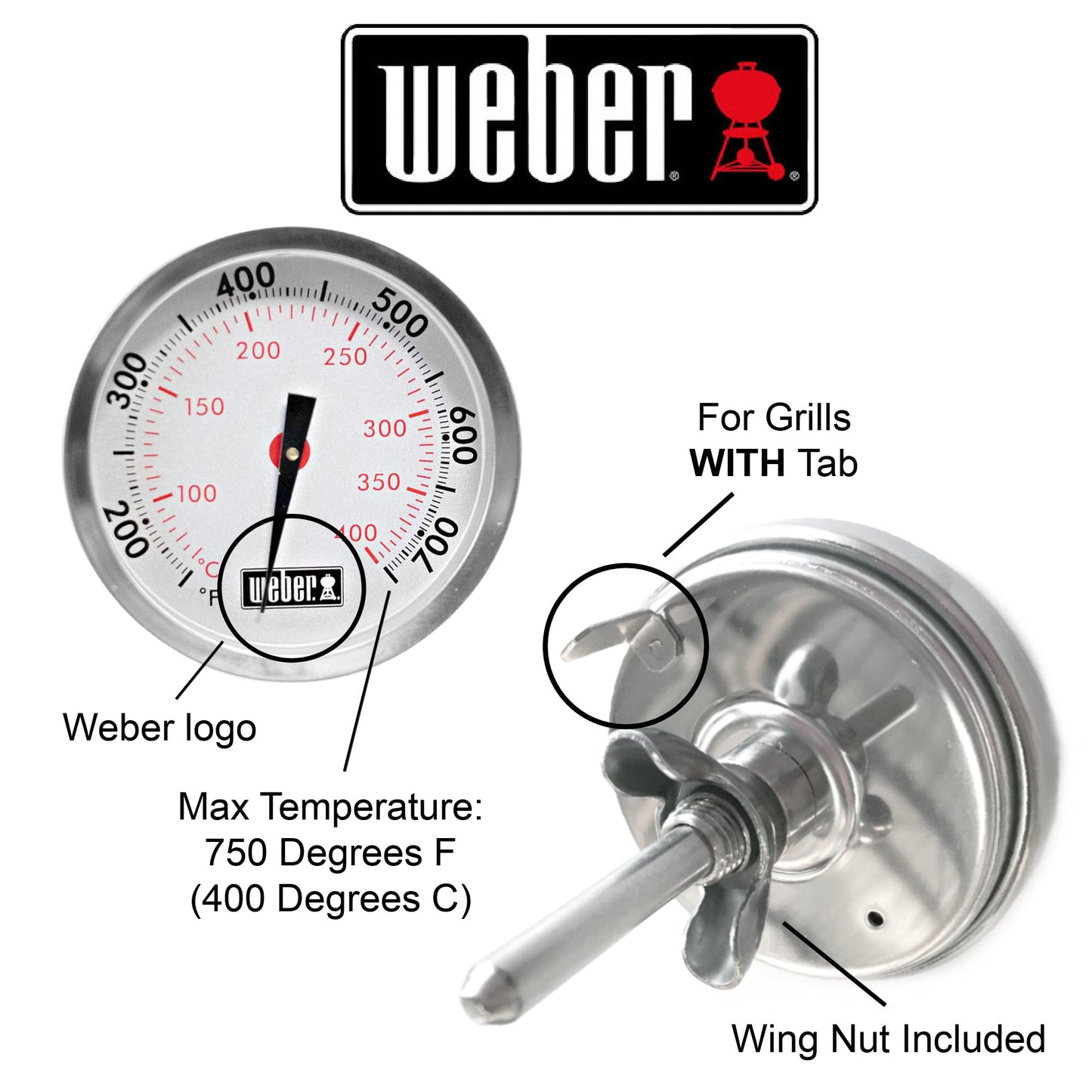 Weber Replacement Thermometer 67088, Center Mount, 2-3/8" Diameter