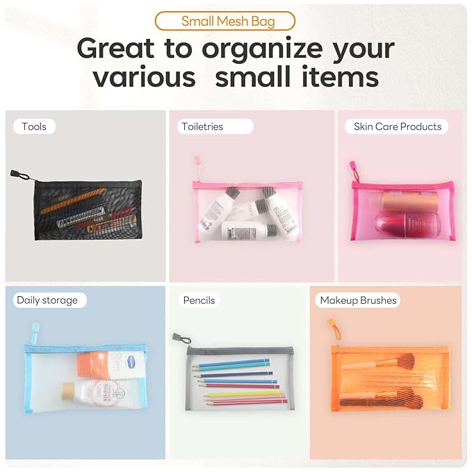 EASYFUN 6 Pieces Multipurpose Mesh Cosmetic Bag With Zipper Portable Travel Organizing Zipper Pouch Toiletries Makeup Pouches For Home Travel Accessories Pencil Case
