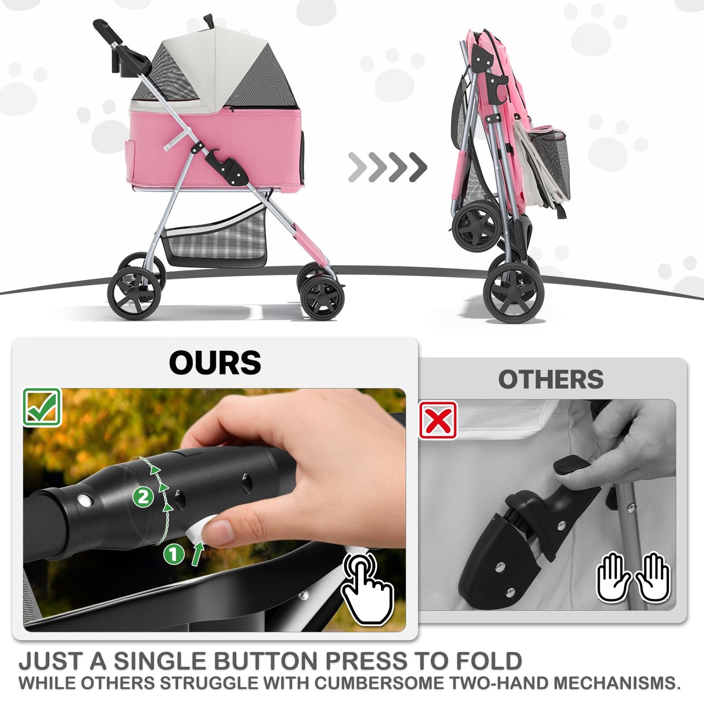 MoNiBloom 3 in 1 Foldable Pet Stroller for Small & Medium Dogs, Detachable Carrier, Car Seat, Push Button Entry, 4-Wheel Jogger for Pets up to 33 lbs, Pink