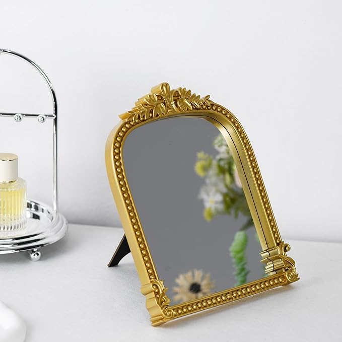Gold Plastic Arched Makeup Mirror, Standing, Hanging or Wall Mount, Bathroom, Living Room, Bedroom Gold Decorative Mirror (10.6x8.6 inch)