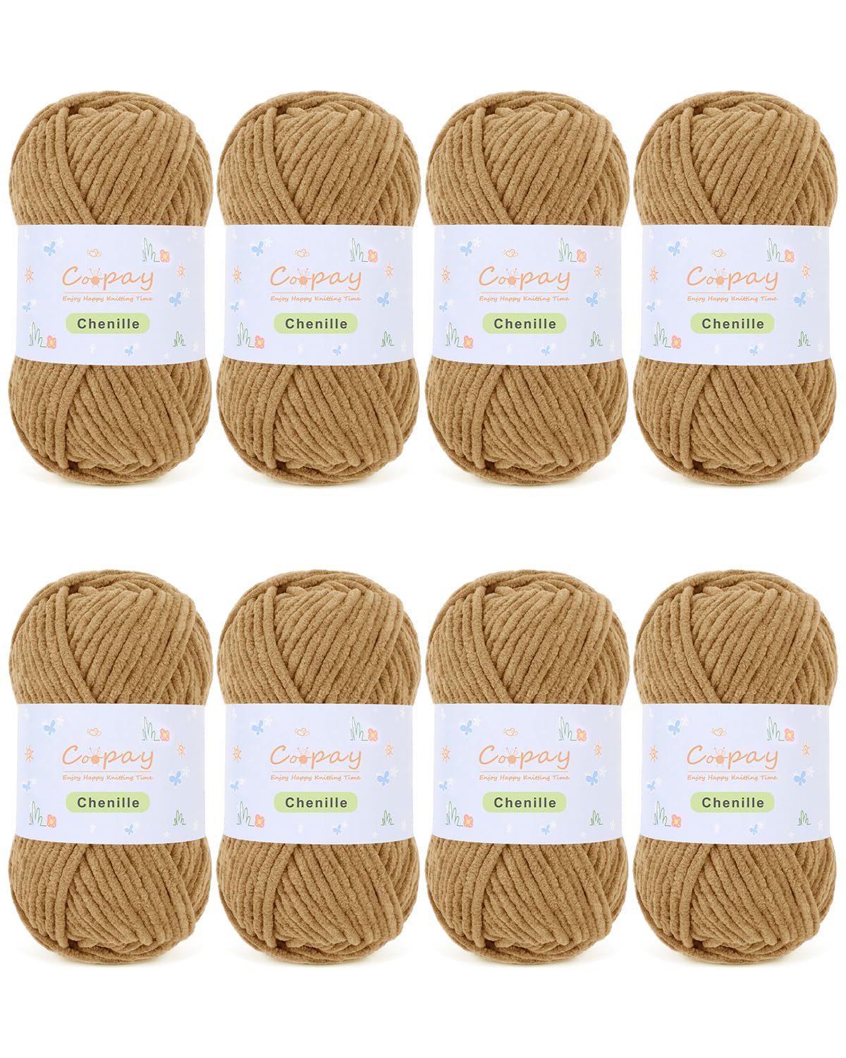 Coopay Chenille Yarn for Crocheting, 8 Pack Medium Weight Yarn - CYC #4 - Total 520yd, Soft Crochet Yarns for Plush Toys, Blankets, Scarves (Brown)