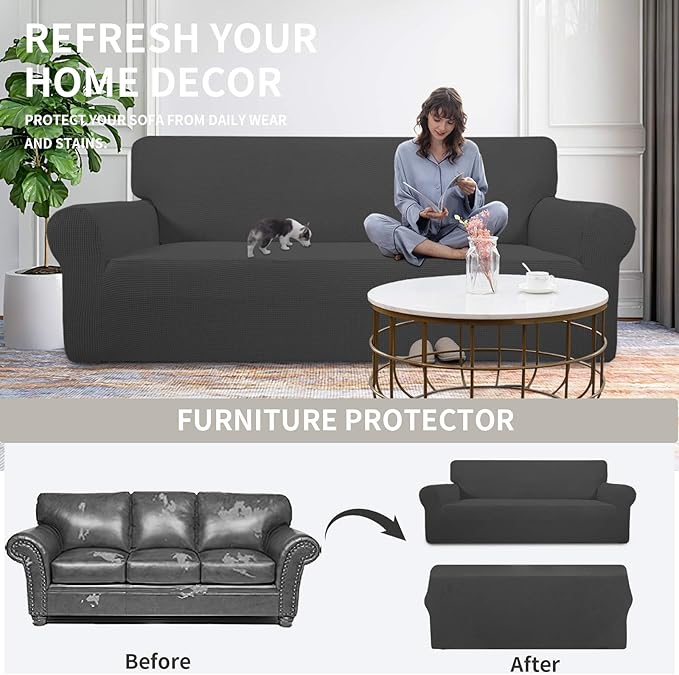 Easy-Going Stretch Loveseat Slipcover 1-Piece Sofa Cover Furniture Protector Couch Soft with Elastic Bottom for Kids Polyester Spandex Jacquard Fabric Small Checks (Loveseat, Dark Gray)