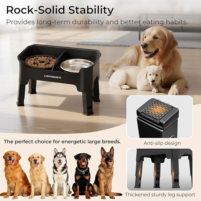 URPOWER Mess Proof Slow Feeder Dog Bowls 4 Height Adjustable Elevated Bowl Stand with Stainless Steel Water Bowl and Slow Feeder Non-Slip Dog Food Bowls Stand for Small Medium Large Dogs