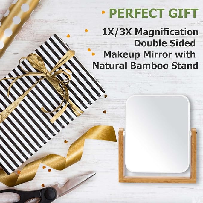 LFOYOU Vanity Makeup Mirror with Natural Bamboo Stand, Double Sided 360 Degree Swivel Magnifying Mirror, Tabletop Magnified Make up Mirror for Bathroom or Bedroom 8 Inch