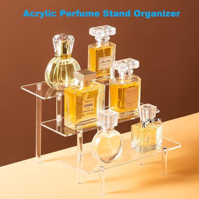 HENABLE 2PCS Acrylic Display Risers, 3 Tier Clear Cupcake Stand Risers, Organizer for Perfume, Funko POP, Food, Tabletop Use