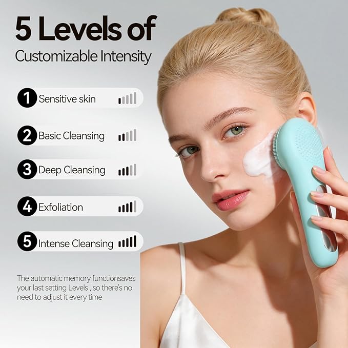 Rechargeable Silicone Facial Cleansing Brush for Women & Men - 5 Modes Waterproof Face Scrubber with Heat Massage, Deep Cleansing & Exfoliating Electric Face Brush (Green)