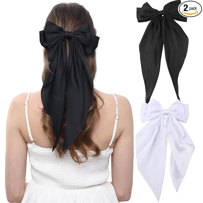 2PCS Big Hair Bow Clips for Women Girls Ã¢ÂÂ Black & White Ribbon Bow Barrettes with Long Tails, Large Satin Hair Accessories for Ponytail, Party, Wedding, Daily Styling