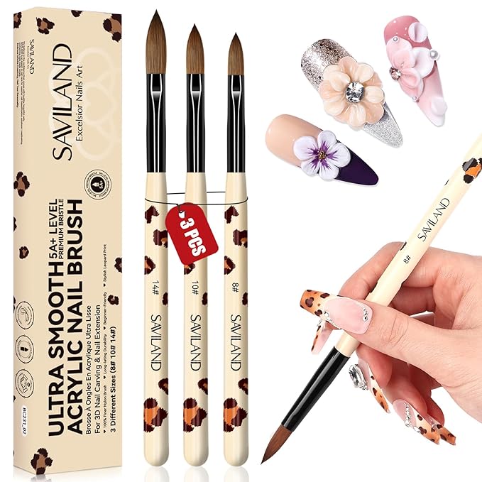 SAVILAND 3Pcs Acrylic Nail Brushes for Beginners: Leopard Print Sizes 8/10/14 Acrylic Brush Set, Professional Nail Art Tools for Acrylics Powder, Nail Extensions, 3D Carving & Salon DIY Kit