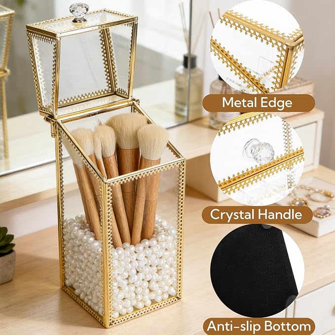 Makeup Brush Holder Organizer with Lid, Glass Cosmetic Make Up Brushes Container, Clear Makeup Tool Storage Box Cup with Pearls, Vintage Dustproof Vanity Decor for Countertop Desktop
