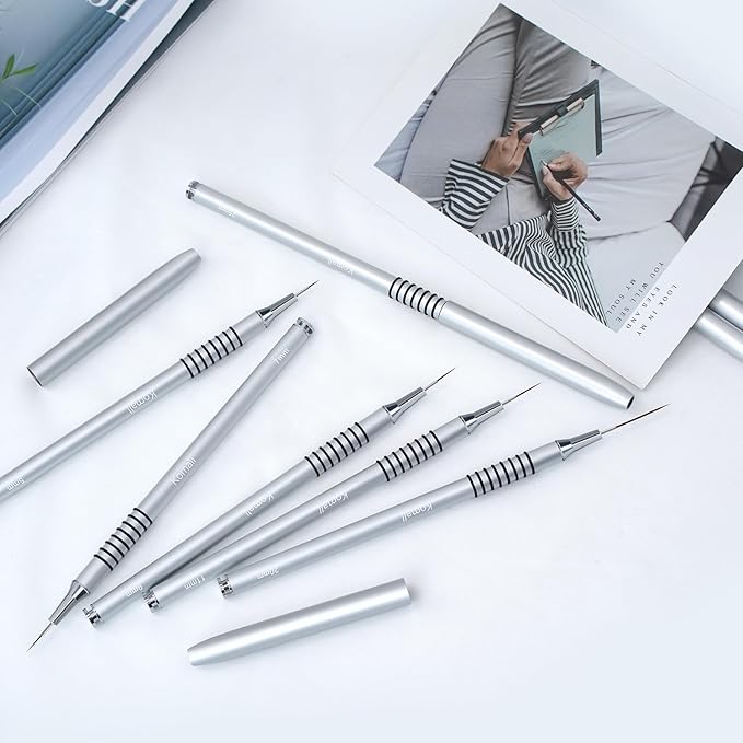 Metallic Nail Art Brushes, 6Pcs Non Slip Liner Brush Set, UV Gel Polish Painting Art Design Pen for Long Lines, Thin Details, Fine Drawing Sizes 5/7/9/11/20/25mm(Silver)