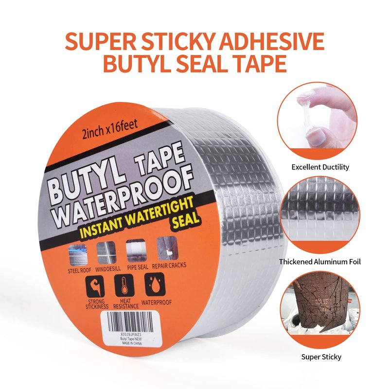 TAPEBEAR Butyl Tape Waterproof Sealing Tape Aluminum Foil Tape, for RV Repair, Window, Silicone, Glass & EDPM Roof Leak Patching, Boat and Pipe Sealing, Silver, 2inch x16feet