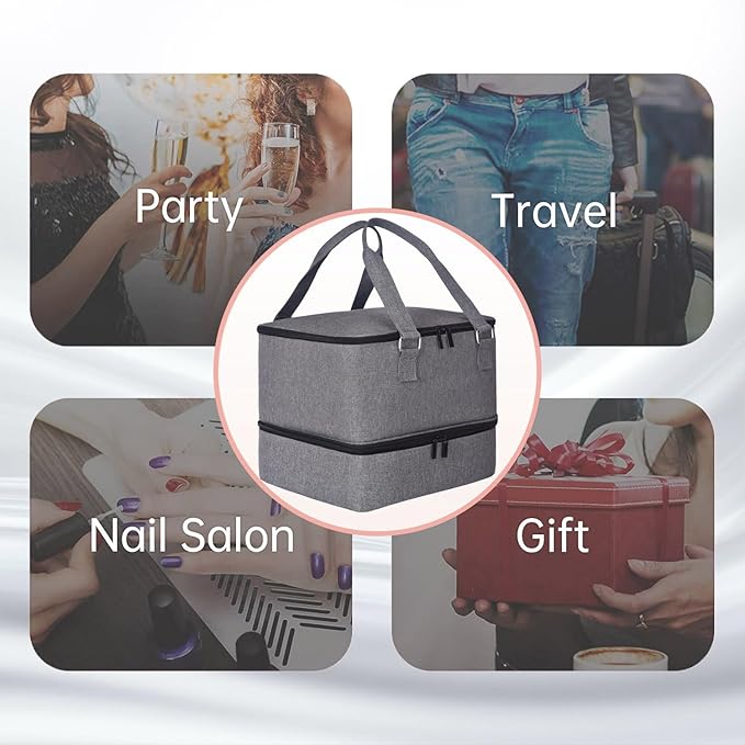 Nail Polish Organizer Case - Holds 42+ Bottles (15ml/0.5 fl.oz) and 1 Nail Lamp, Upgraded Double-layer Nail Polish Carrying Case Nail Polish Storage Bag with Handles (Grey)