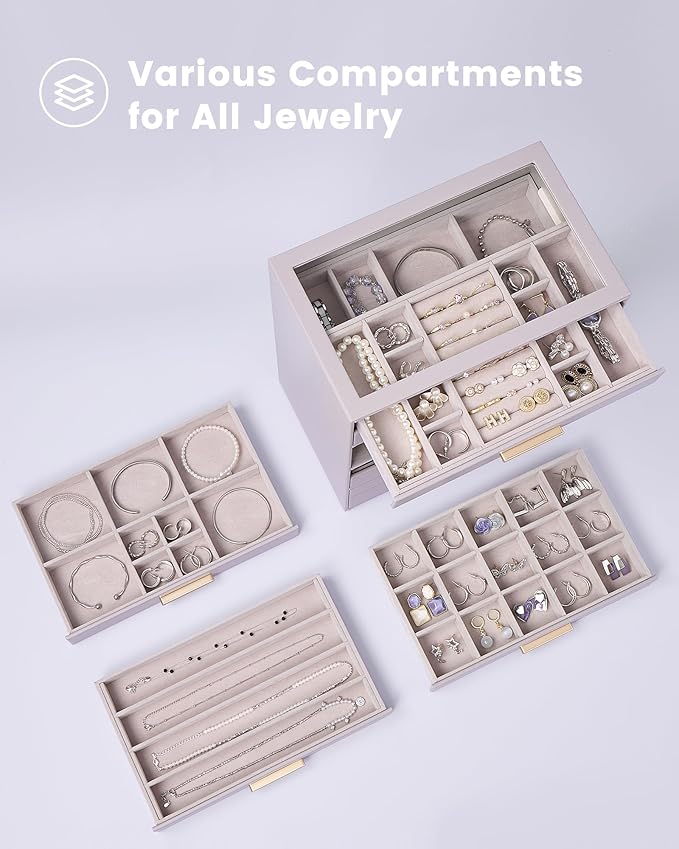 Lolalet Jewelry Box Organizer, 4-Layer Jewelry Organizers and Storage Case with Glass Lid, Ring Earring Bracelet Necklace Holder Organizer, Birthday Valentine Gifts for Women Girls -4Layer, HazePurple