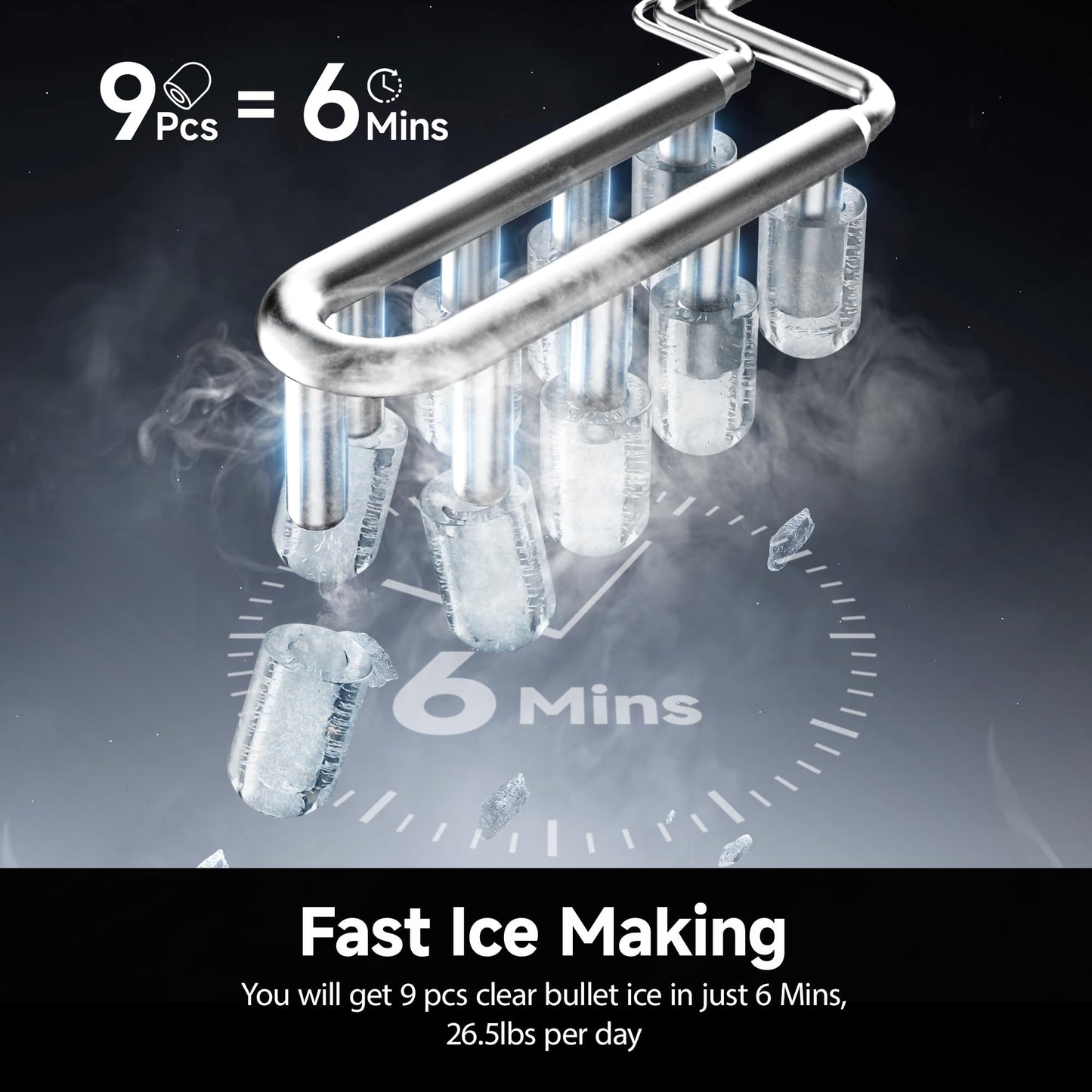 EUHOMY Ice Maker Countertop with Carry Handle, 9 Cubes Ready in 6 Mins, 26.5lbs/24H, Self-Cleaning, 2 Sizes of Bullet Ice with Basket and Scoop, Portable Ice Maker Machine for Home, Kitchen, Office
